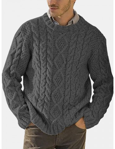 Men Solid Cable Knit Round Neck Casual Pullover Sweaters