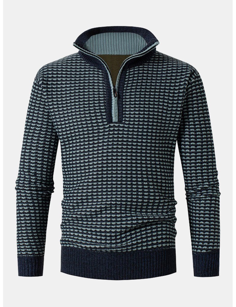 Men Vintage Knitted Stand Collar Contrast Color Plus Velvets Half Zipper Sweater Sweaters