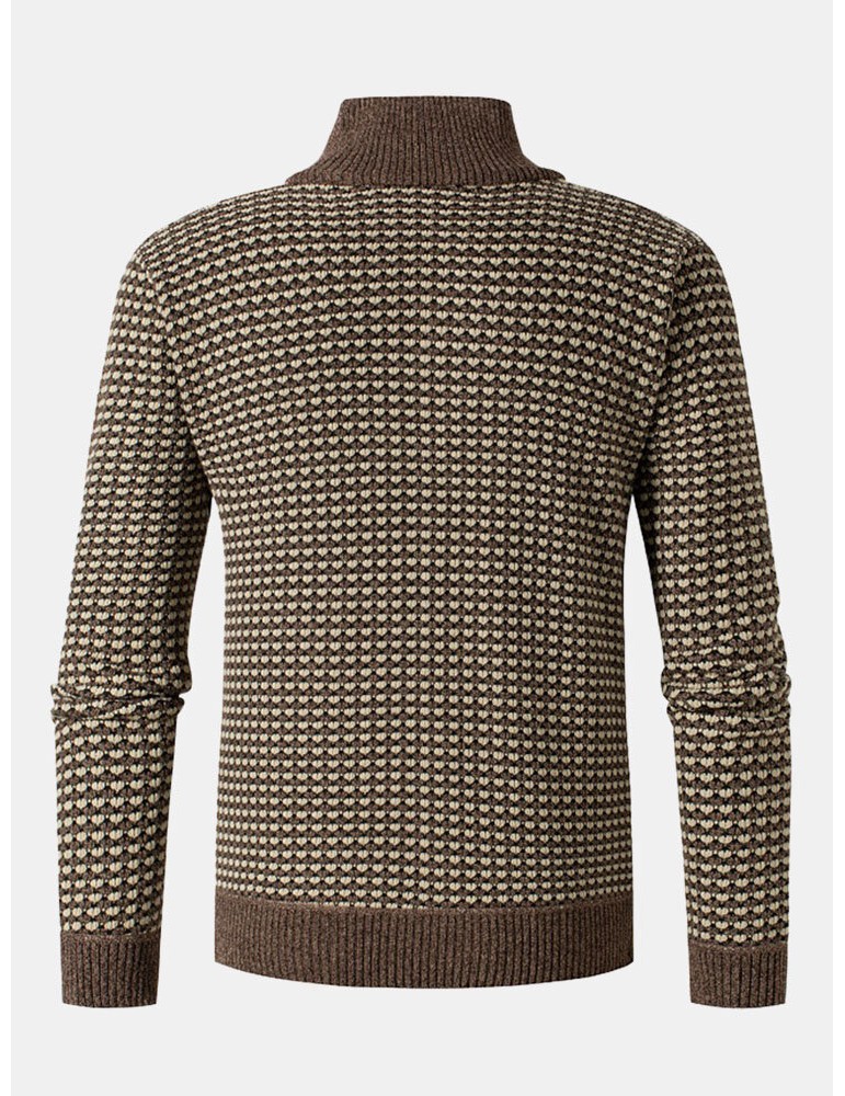 Men Vintage Knitted Stand Collar Contrast Color Plus Velvets Half Zipper Sweater Sweaters