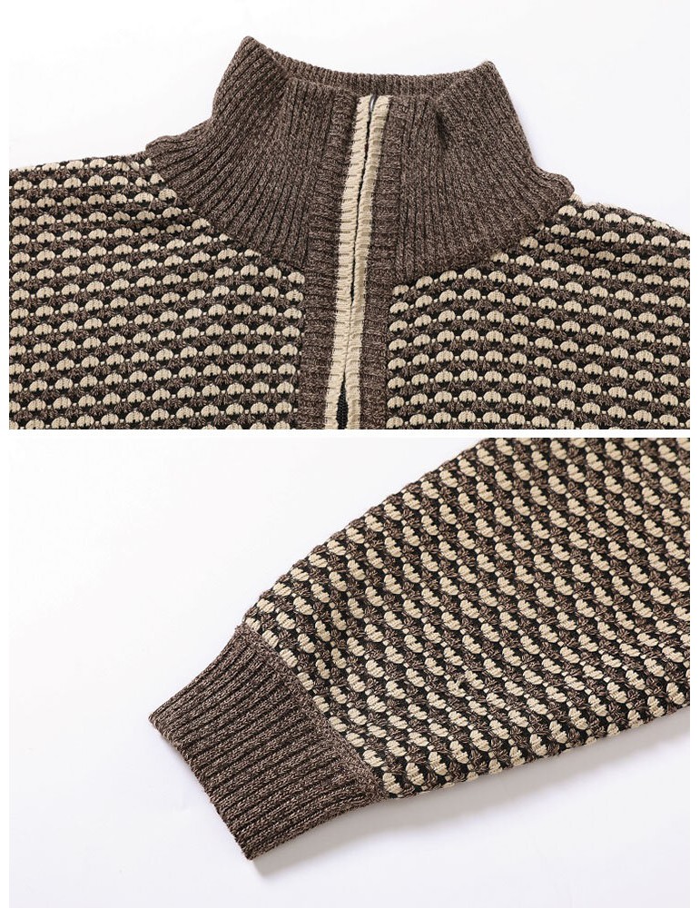 Men Vintage Knitted Stand Collar Contrast Color Plus Velvets Half Zipper Sweater Sweaters