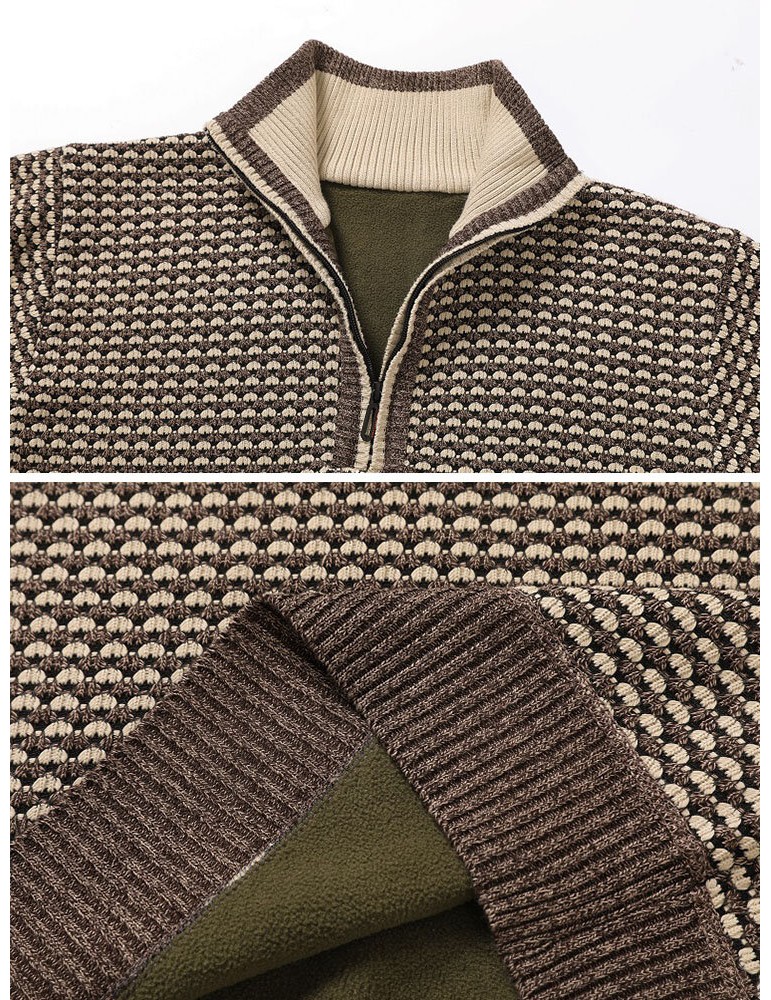 Men Vintage Knitted Stand Collar Contrast Color Plus Velvets Half Zipper Sweater Sweaters