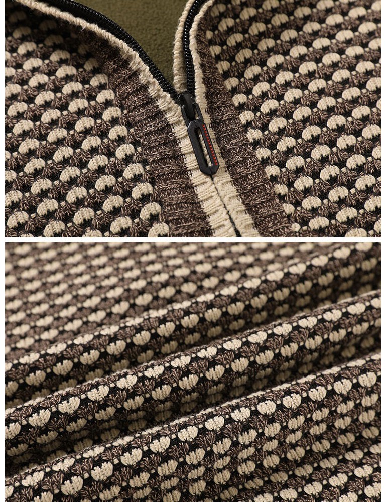 Men Vintage Knitted Stand Collar Contrast Color Plus Velvets Half Zipper Sweater Sweaters