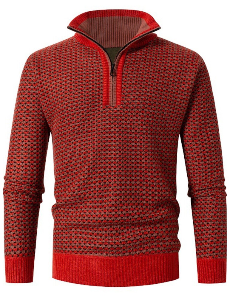 Men Vintage Knitted Stand Collar Contrast Color Plus Velvets Half Zipper Sweater Sweaters