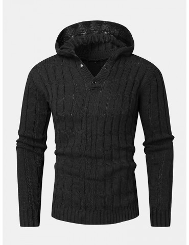 Mens Cable Solid Color Long Sleeve Warm Knitting Hooded Sweaters