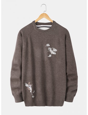 Mens Chinoiserie Crane Embroidery Raglan Sleeve Warm Knitted Sweaters