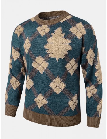 Mens Christmas Argyle Pattern Round Neck Rib-Knit Loose Sweaters