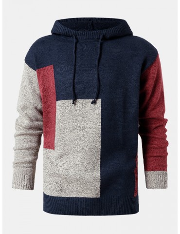 Mens Color Block Knitted Warm Casual Relaxed Fit Drawstring Hooded Sweater