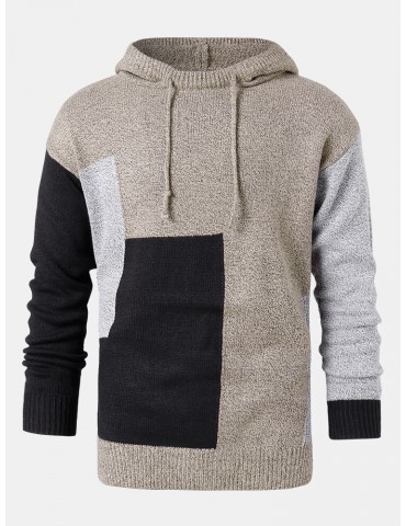 Mens Color Block Knitted Warm Casual Relaxed Fit Drawstring Hooded Sweater
