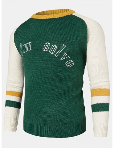 Mens Color Block Letter Embroidery Crew Neck Knitted Pullover Sweaters