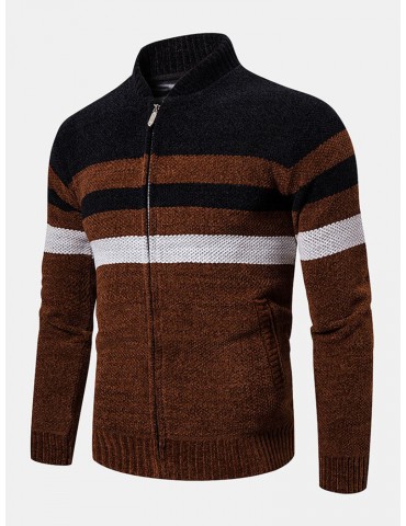 Mens Colorblock Striped Slant Pocket Baseball Collar Long Sleeve Sweater Hoodie Jacket