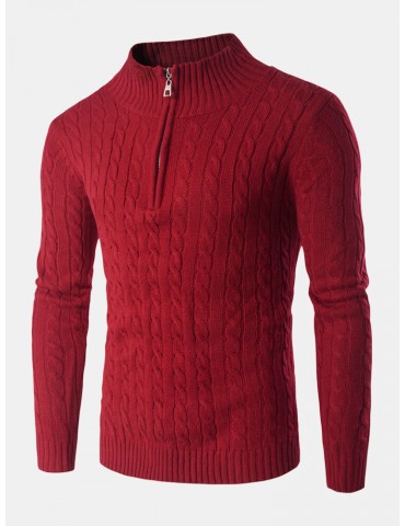 Mens Half Zipper Long Sleeve Cable Knitted Sweaters
