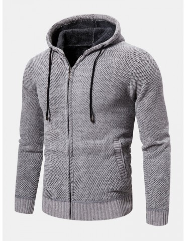 Mens Knitted Zipper Front Solid Color Warm Long Sleeve Hooded Sweater Hoodie Jacket