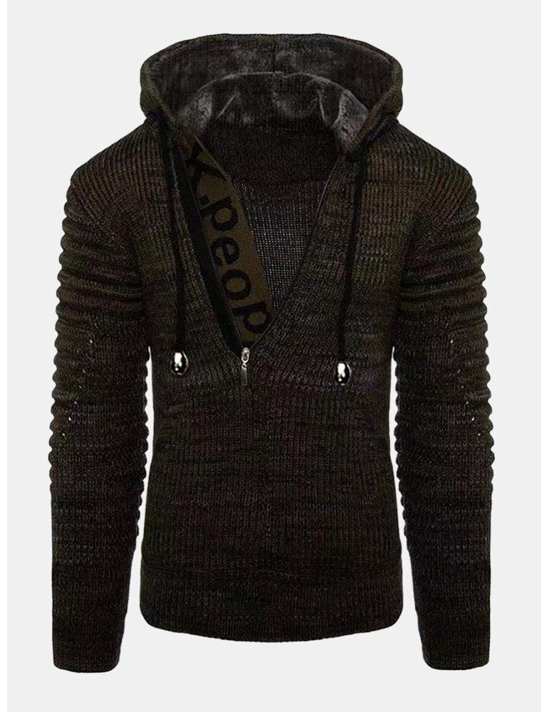 Mens Letter Pattern Half Zip Vintage Knitted Drawstring Sweater Hoodies