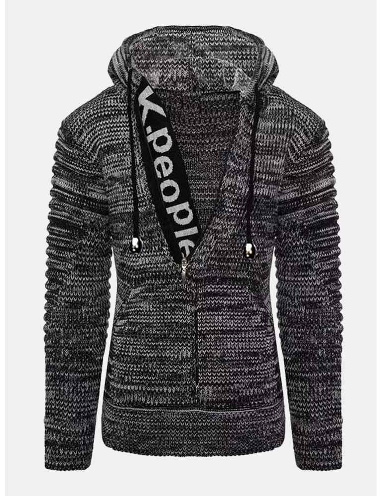 Mens Letter Pattern Half Zip Vintage Knitted Drawstring Sweater Hoodies